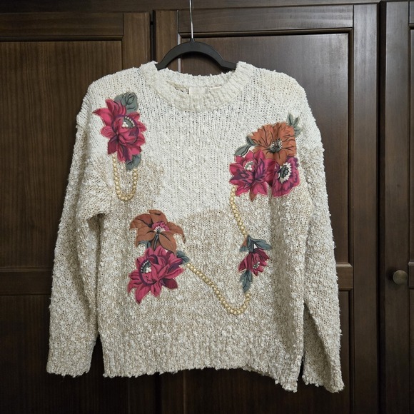Vintage Sweater Grandma Cottagecore Floral Aplique Pearls Gold Chain 90s Medium - Picture 5 of 16